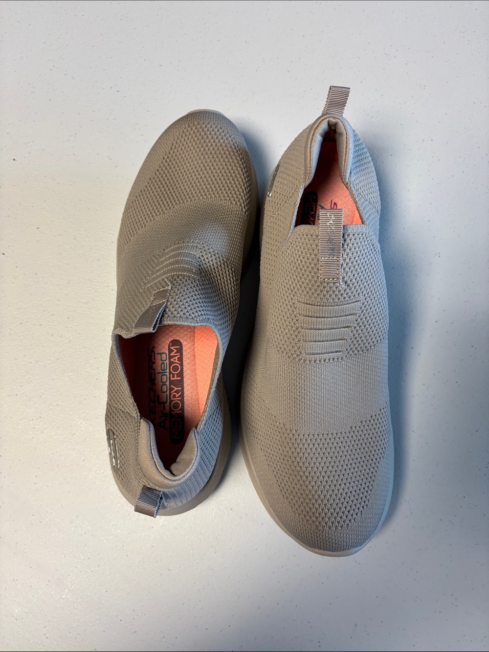 Skechers Slip-On Knit Loafers in Light Taupe with Coral Insole